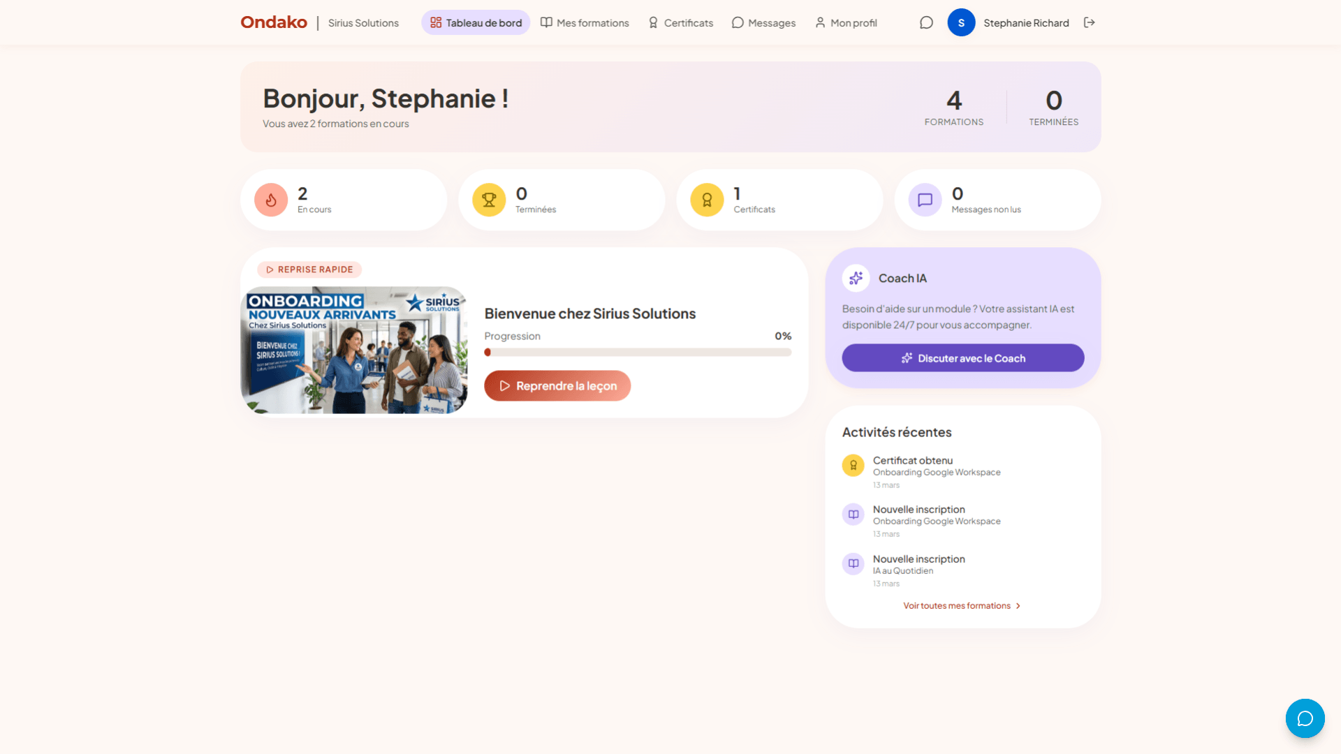Tableau de bord apprenant Ondako — interface personnalisée avec KPIs et reprise rapide
