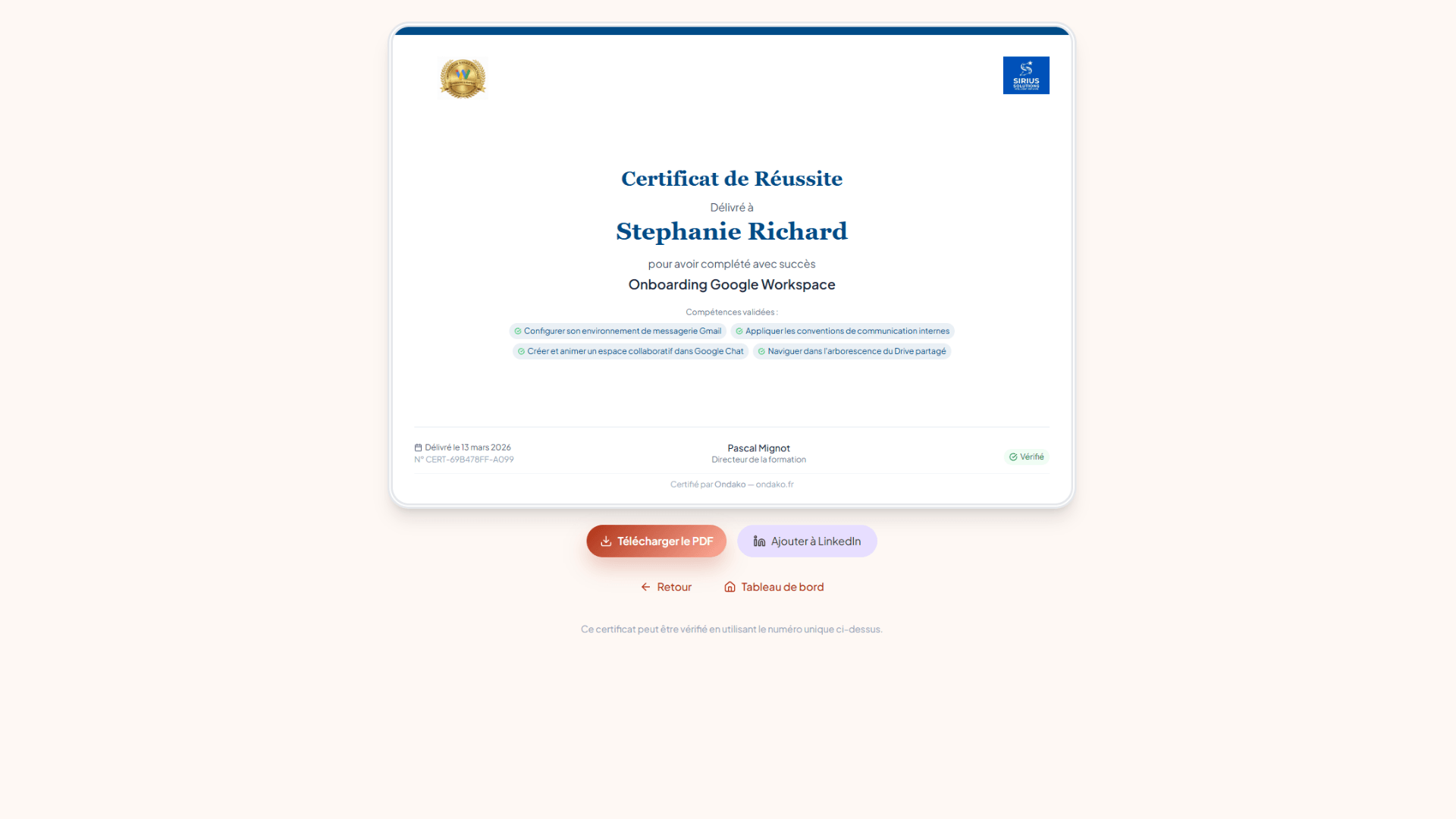Certificat de réussite Ondako — compétences validées, personnalisé aux couleurs de l'entreprise